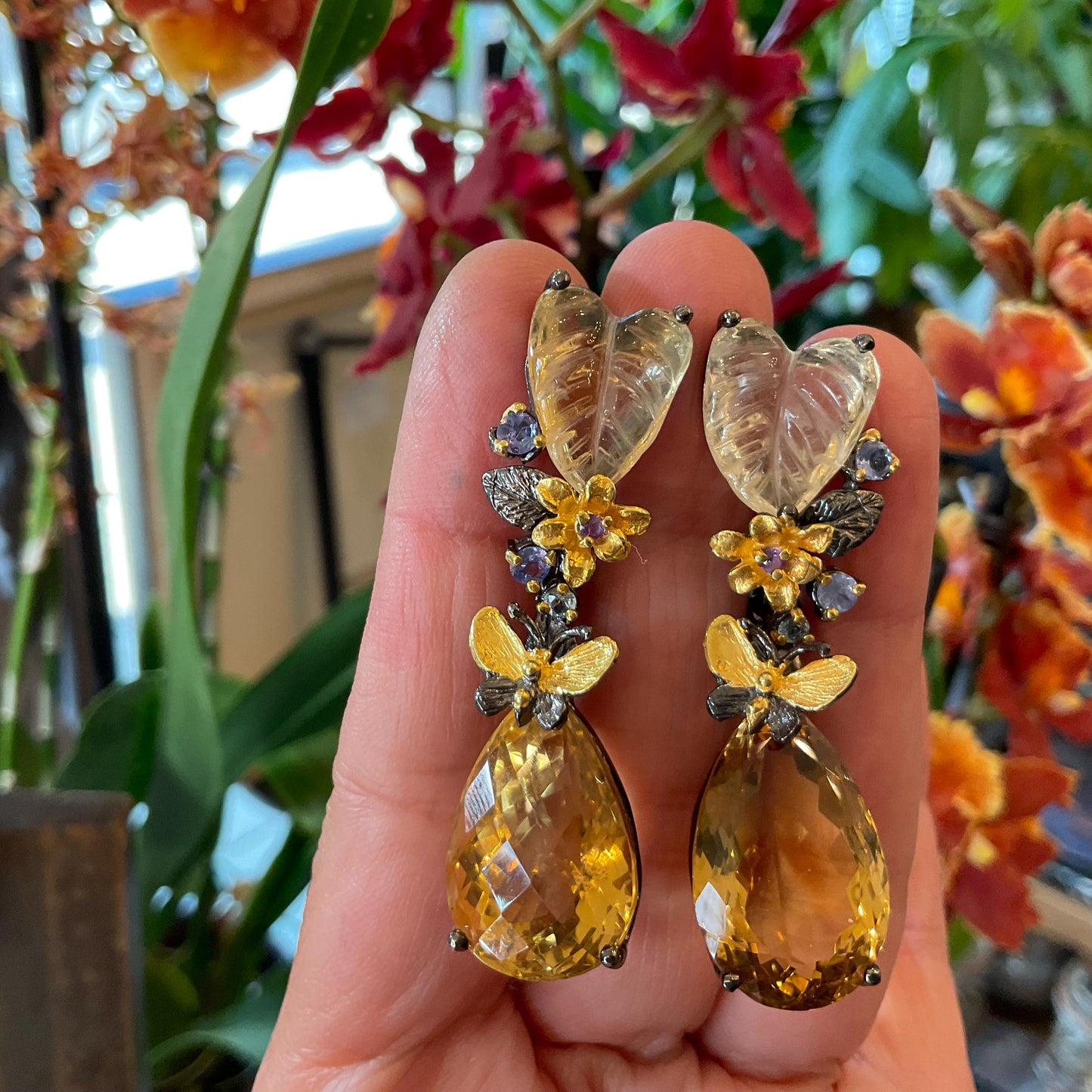 Sterling silver tear shape citrine fancy cut dangle carved butterfly earrings
