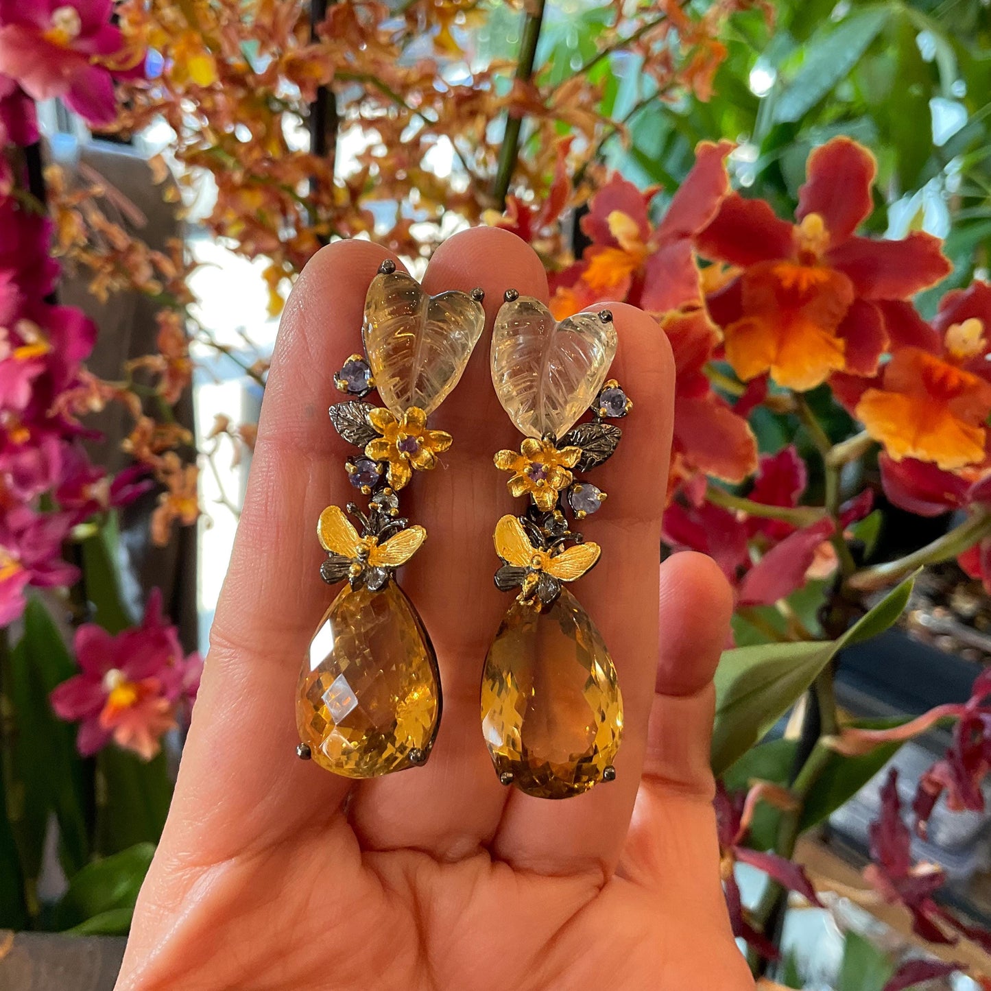 Sterling silver tear shape citrine fancy cut dangle carved butterfly earrings