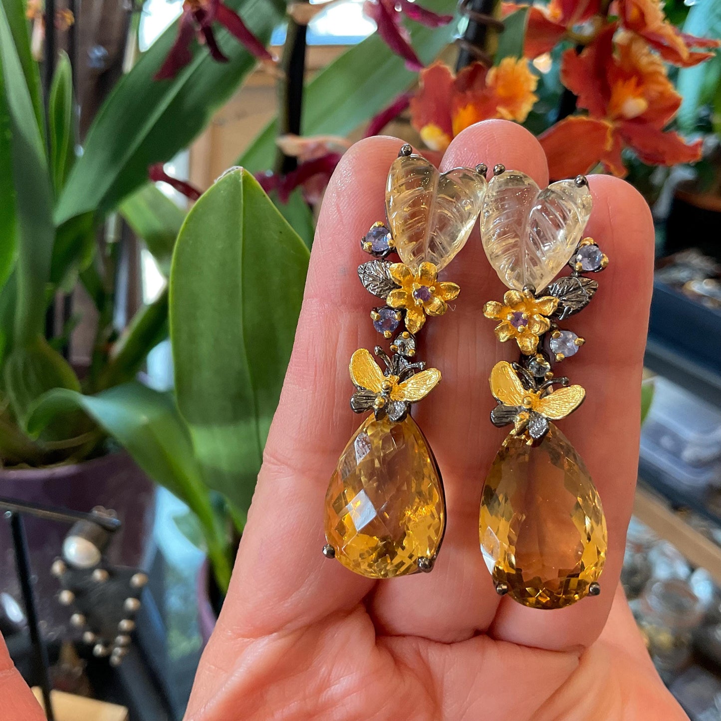 Sterling silver tear shape citrine fancy cut dangle carved butterfly earrings