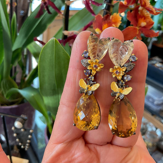 Sterling silver tear shape citrine fancy cut dangle carved butterfly earrings