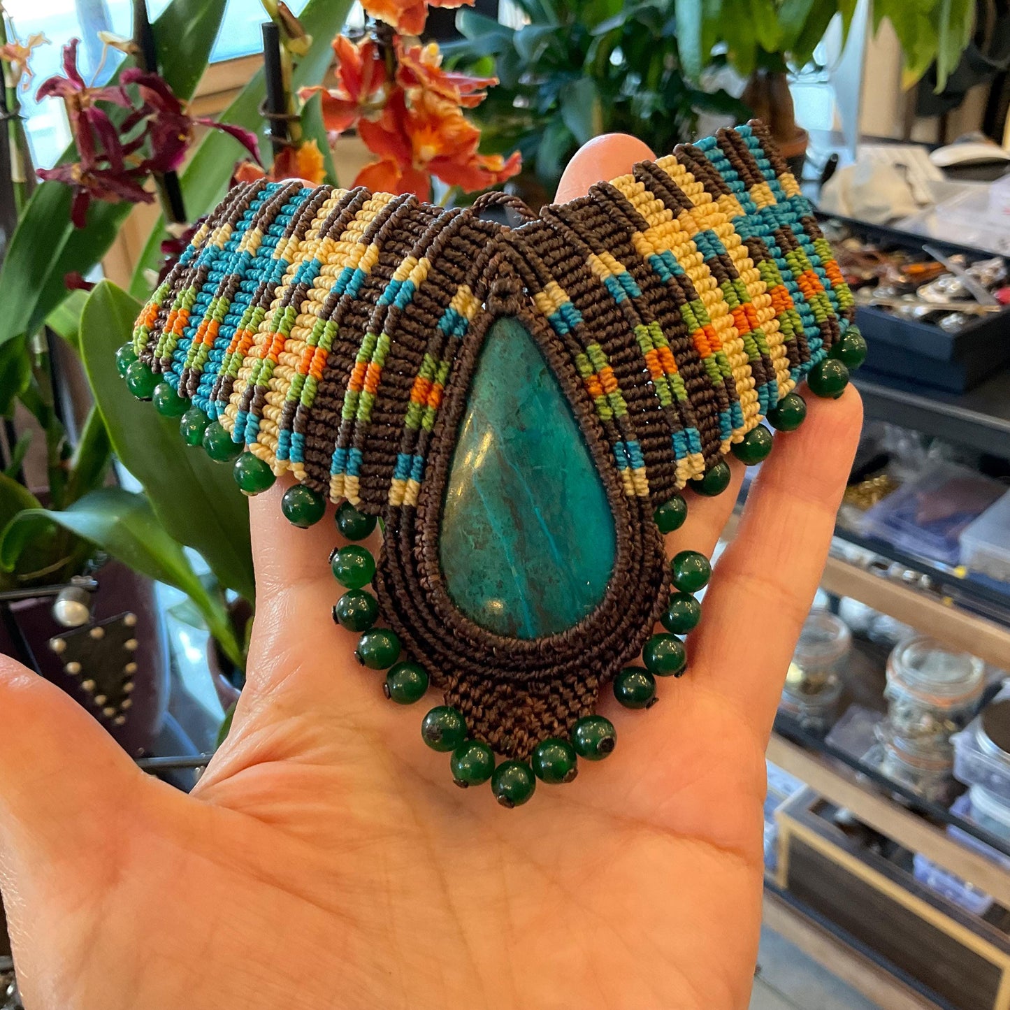 Handmade macrame necklace and Chrysocolla Artisan Choker