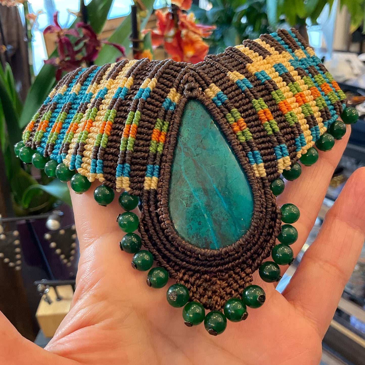 Handmade macrame necklace and Chrysocolla Artisan Choker