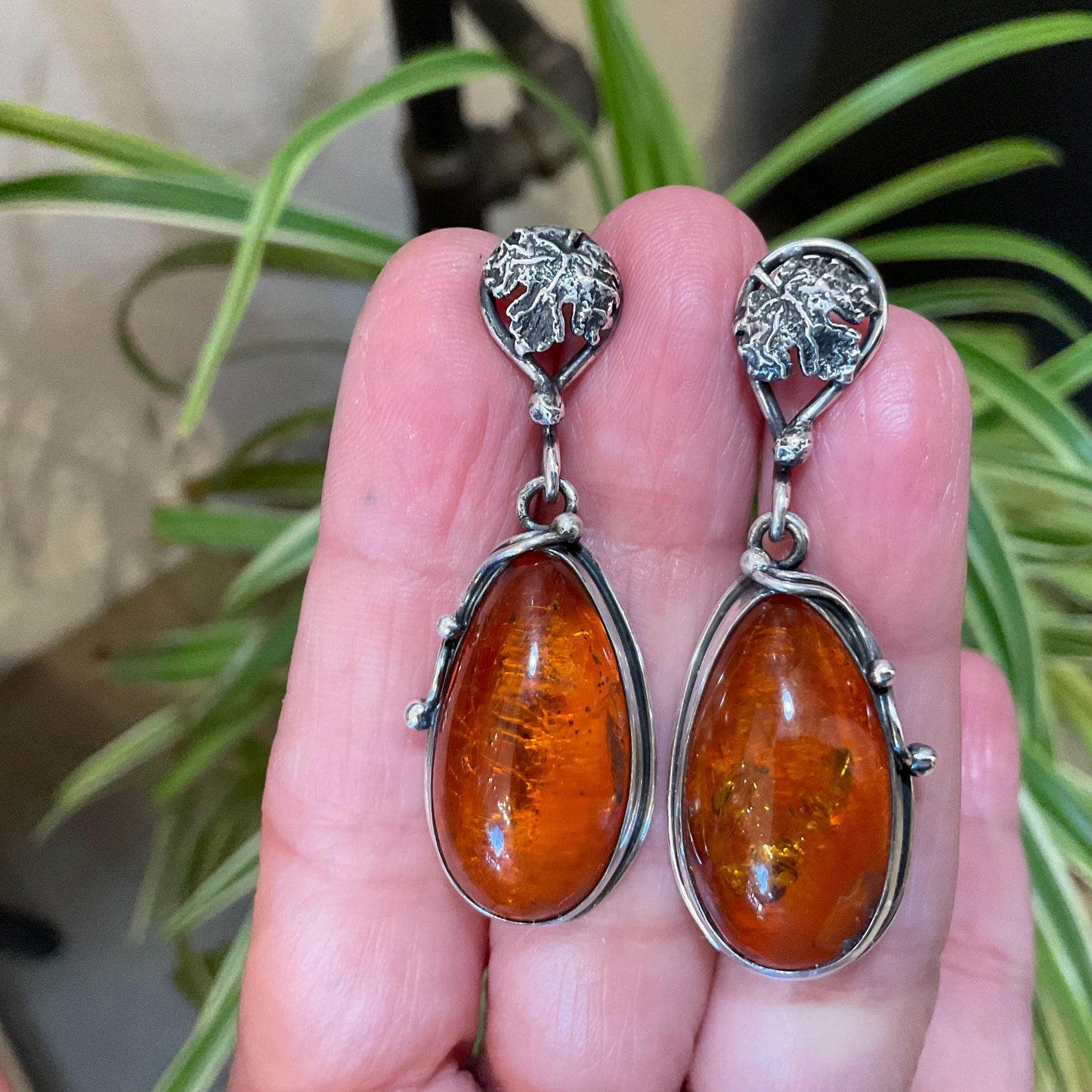 Sterling Silver vintage Amber statement dangle leaf earrings