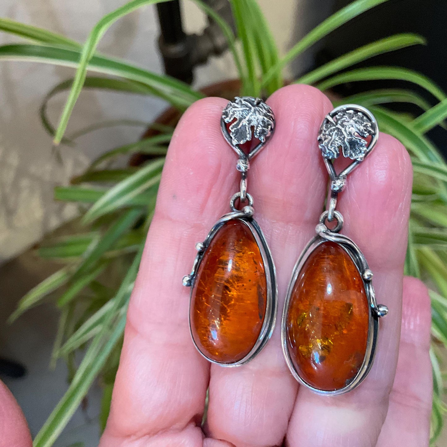 Sterling Silver vintage Amber statement dangle leaf earrings