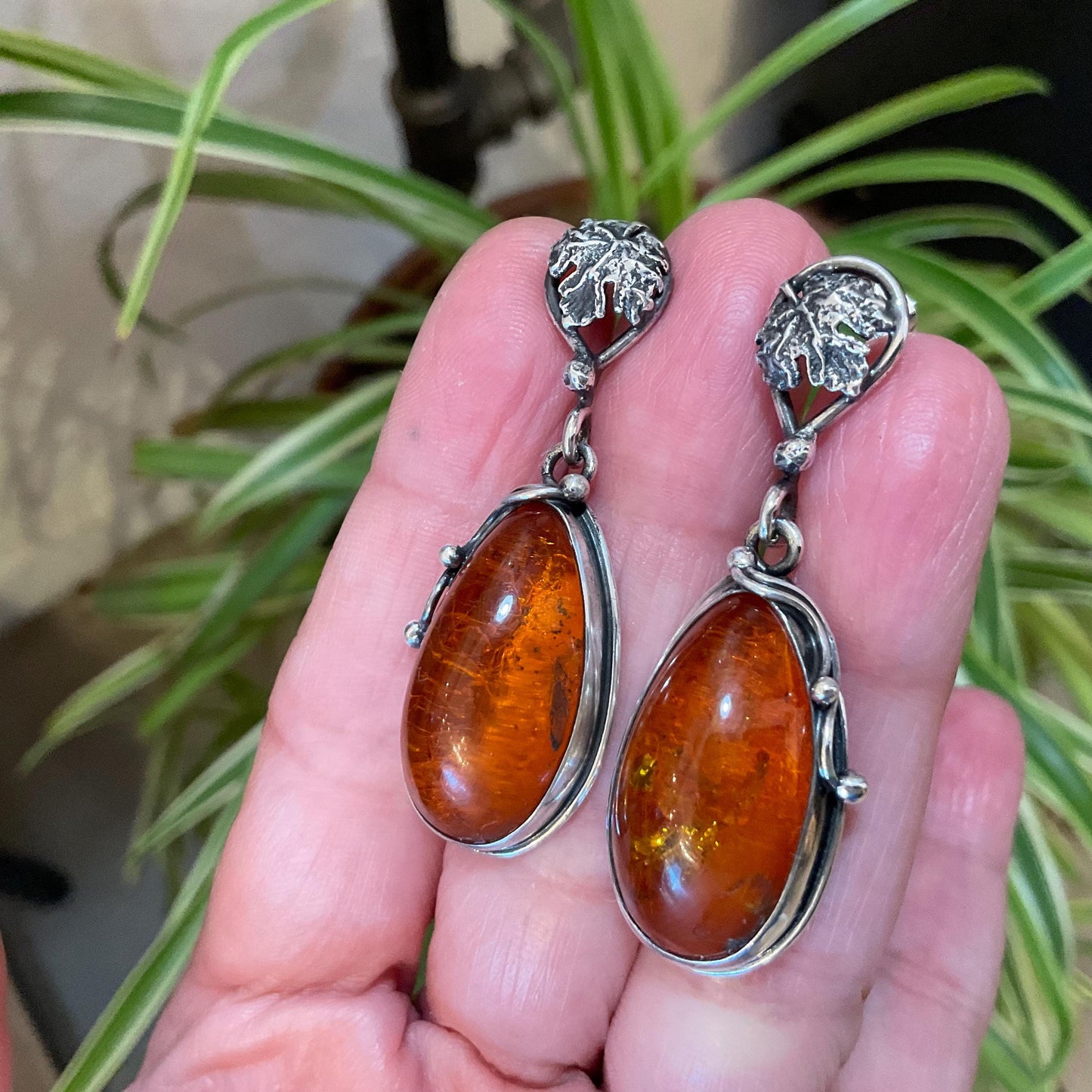 Sterling Silver vintage Amber statement dangle leaf earrings
