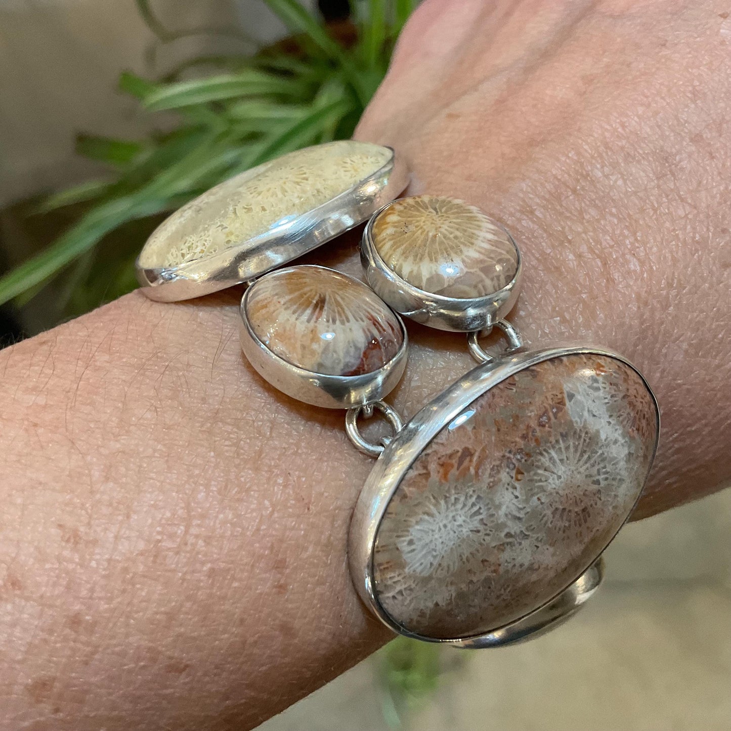 sterling silver statement fossilized coral multi gemstone Bracelet