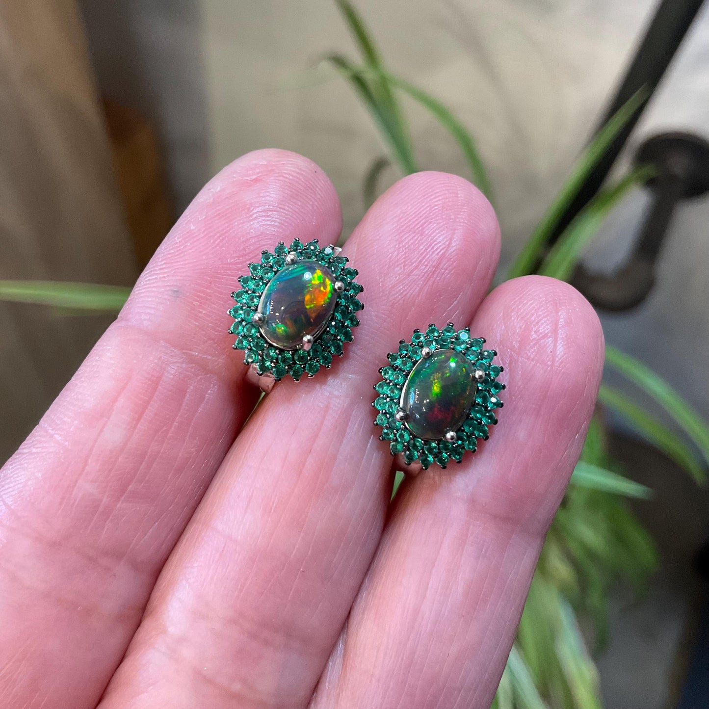 sterling silver Black natural opal post earrings