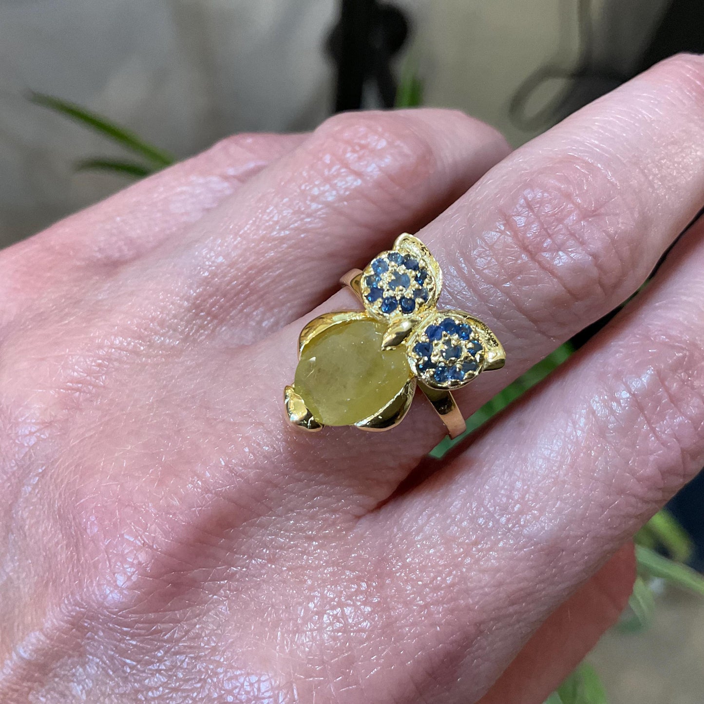 sterling silver statement handmade Owl sapphire yellow ring 7.5