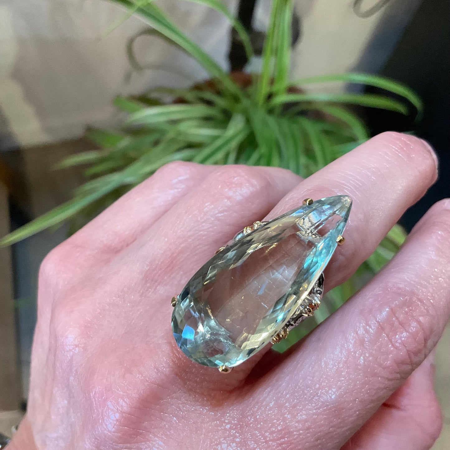 Sterling Silver large green amethyst pear shape sapphire ring