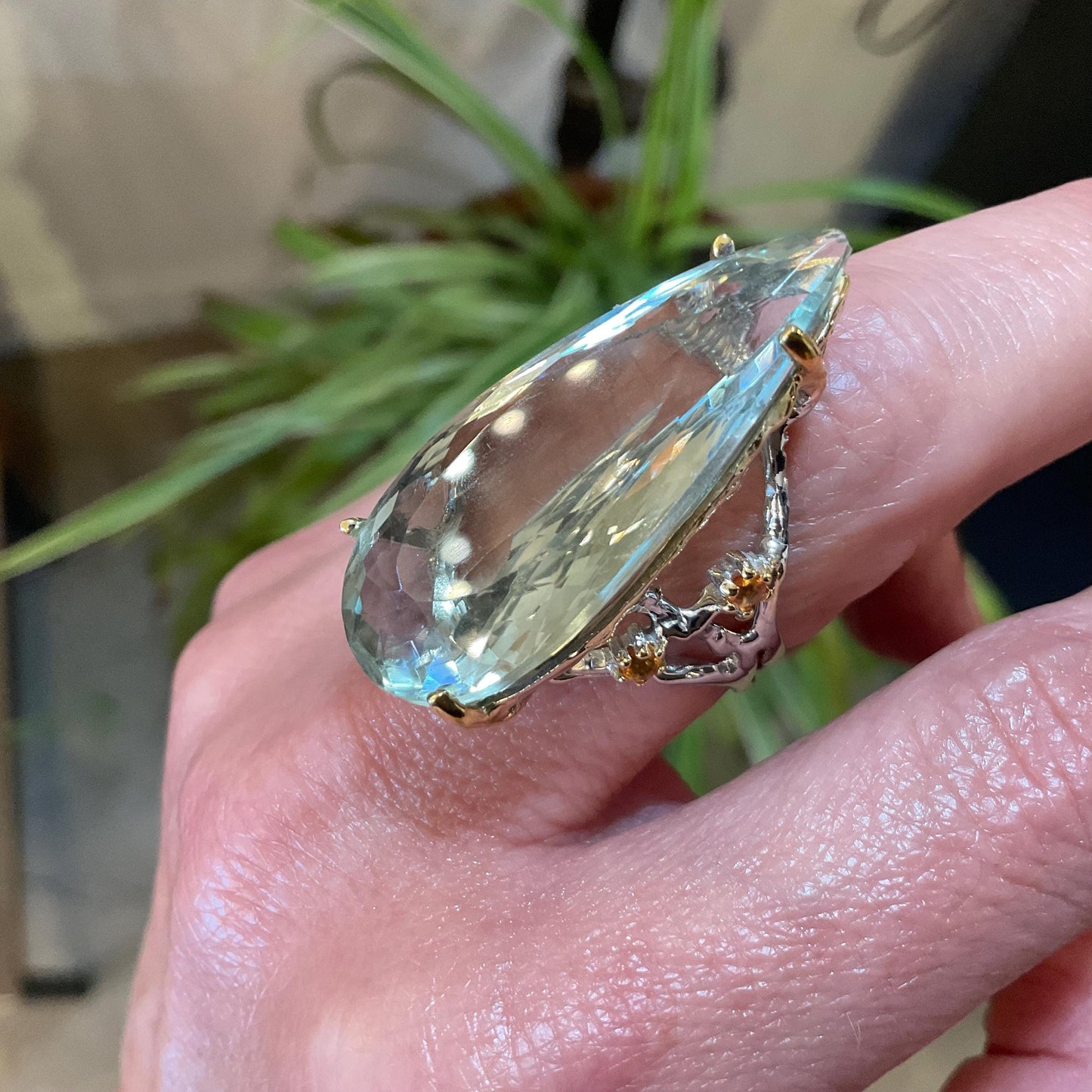 Sterling Silver large green amethyst pear shape sapphire ring