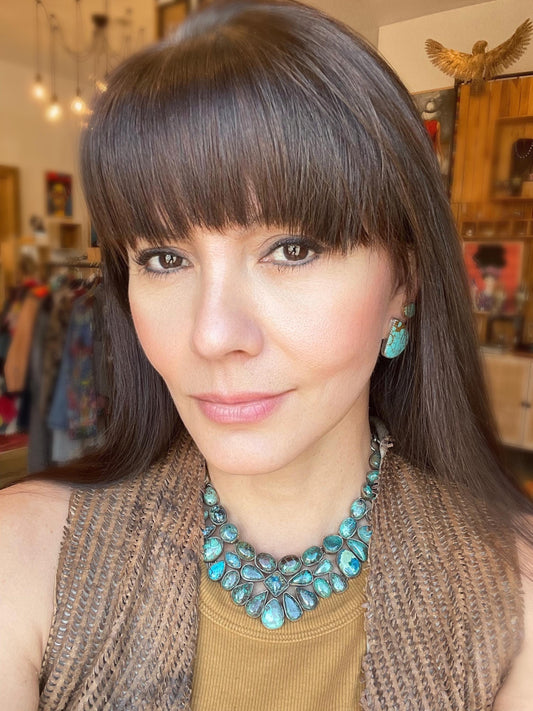 Sterling silver natural turquoise statement collar choker necklace