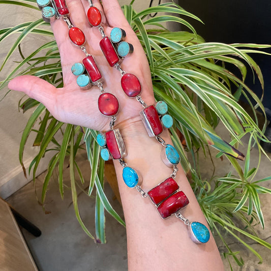Vintage Sterling Silver Turquoise red coral Statement long  Necklace