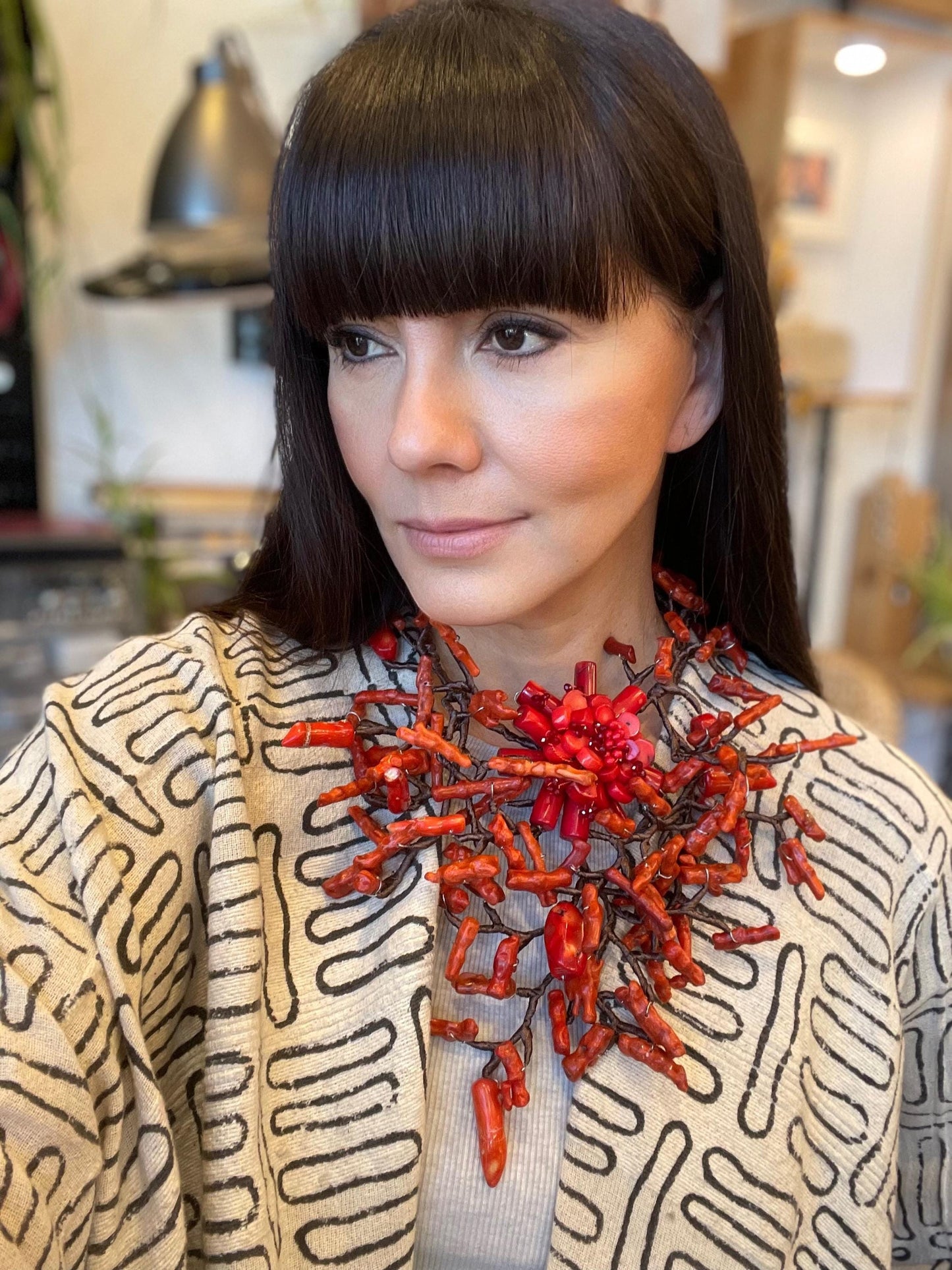 Sterling Silver Natural art red coral mix runway Statement Necklace