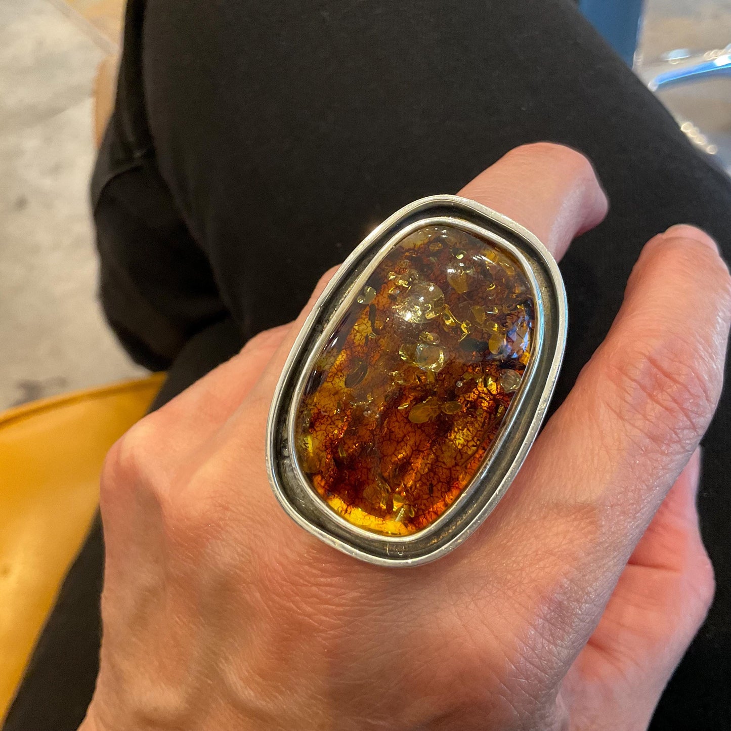 sterling silver modernist OOAK amber Statement ring adjustable cuff