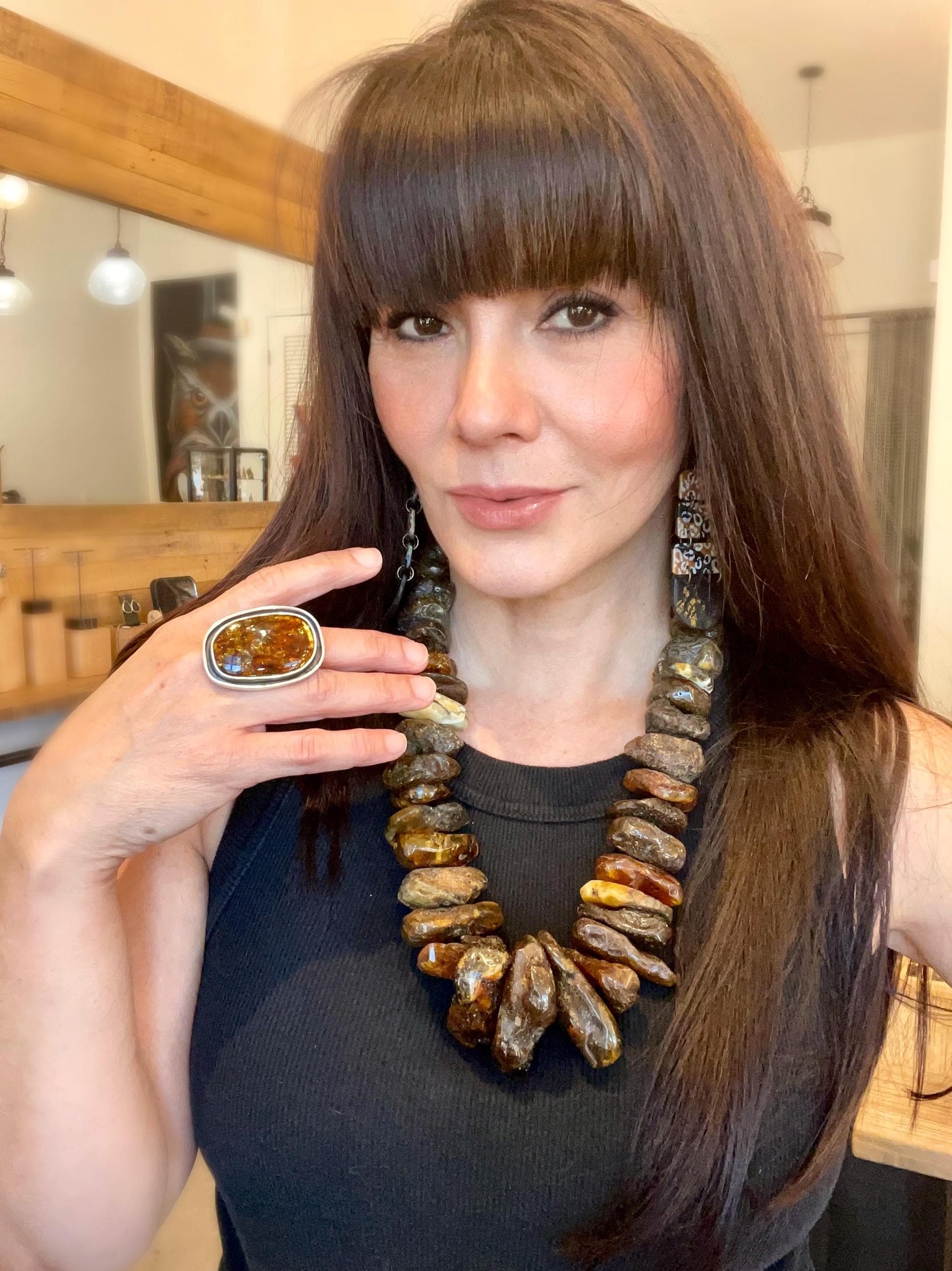 sterling silver modernist OOAK amber Statement ring adjustable cuff