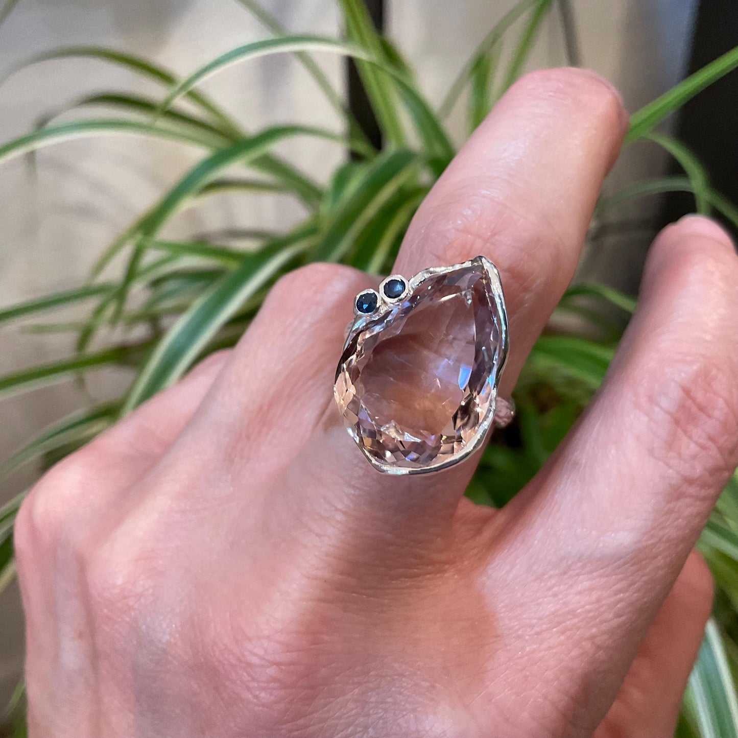 sterling silver statement Natural Ametrine  blue sapphire  pear shape ring 8