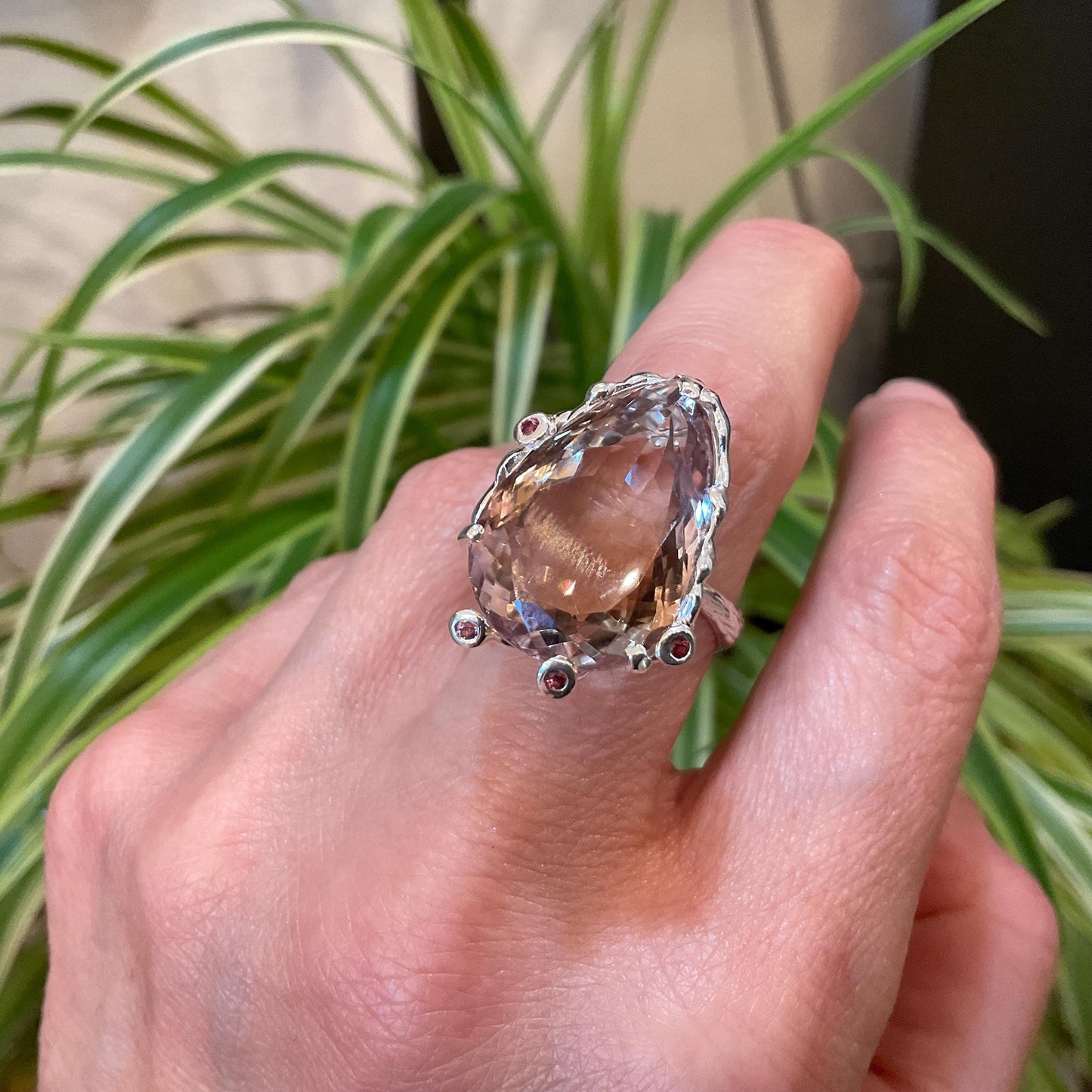 sterling silver statement Natural Ametrine rhodolite pear shape ring 7.5