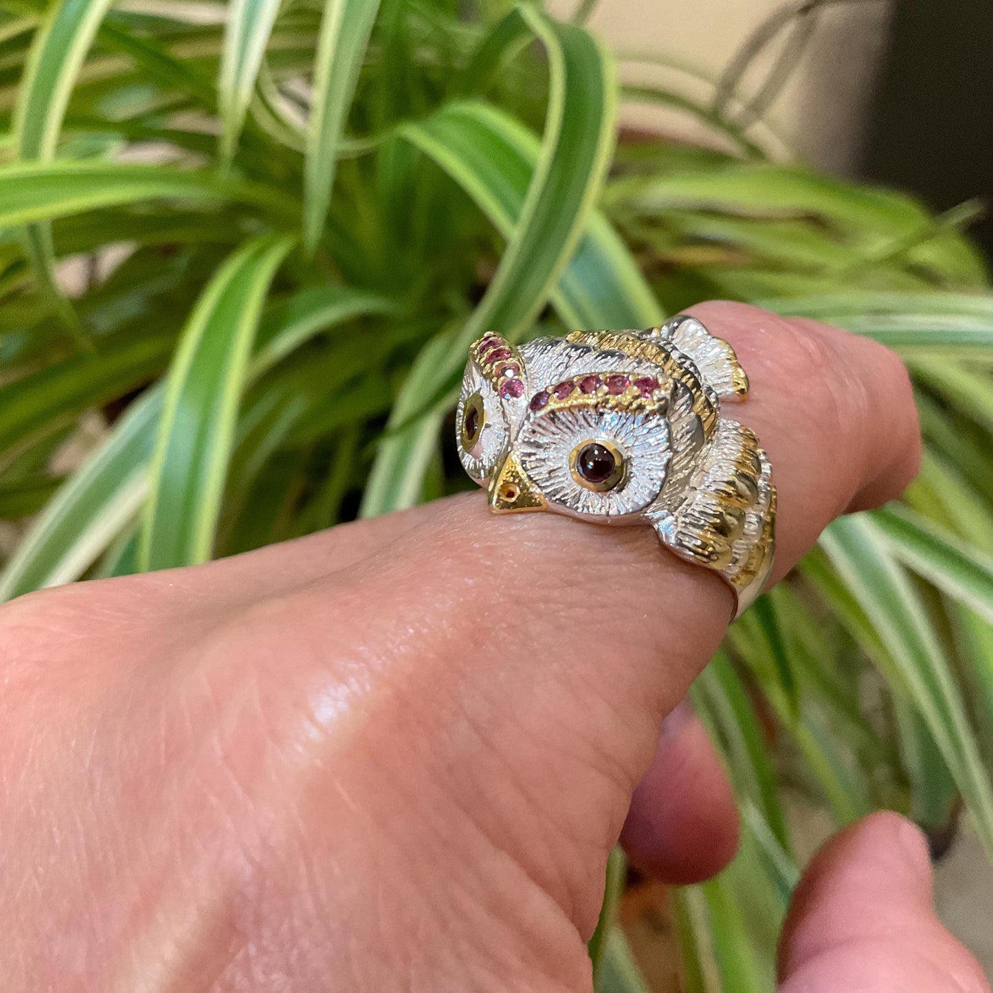 sterling silver statement handmade Owl ring red rhodolite  ring 7 or 7.5