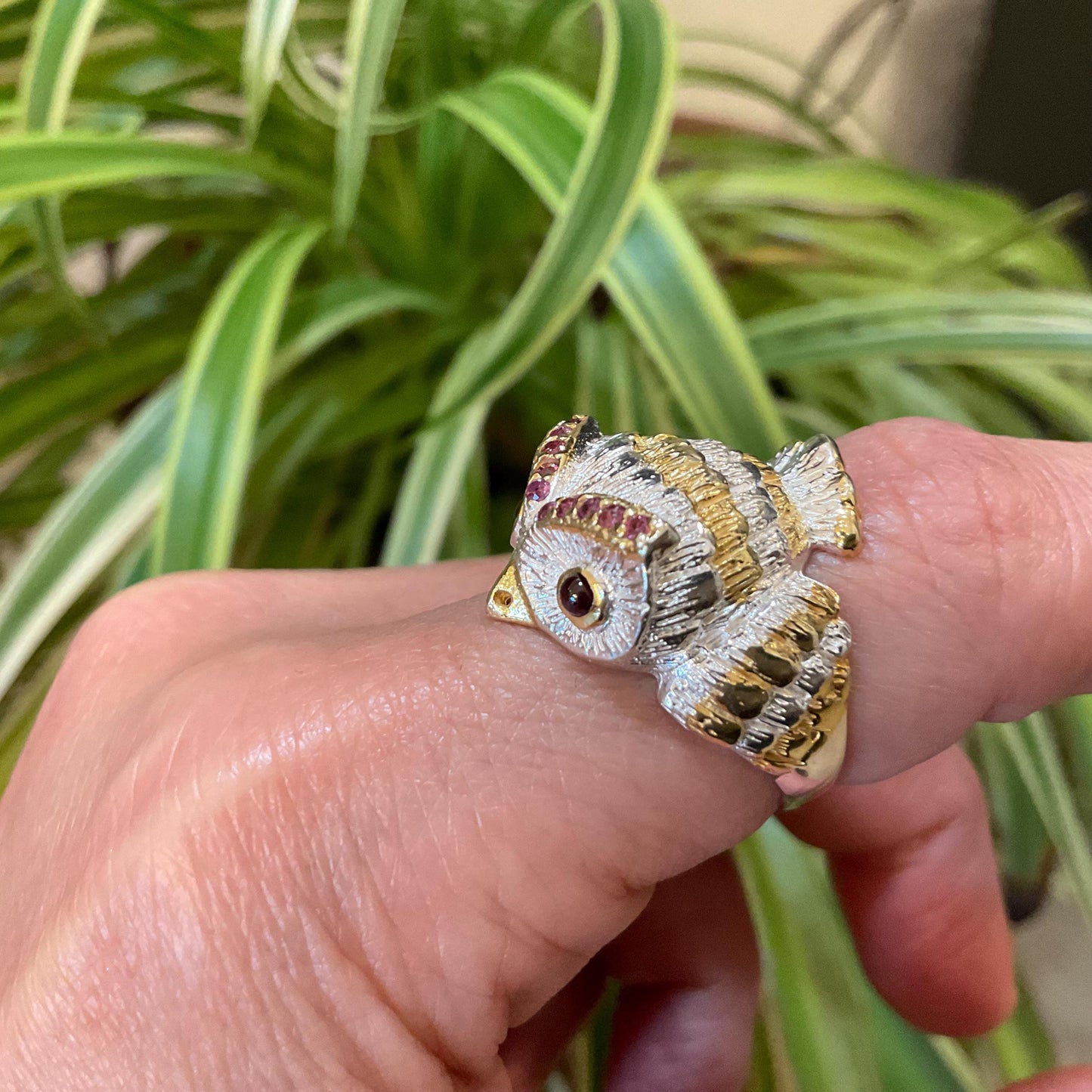 sterling silver statement handmade Owl ring red rhodolite  ring 7 or 7.5