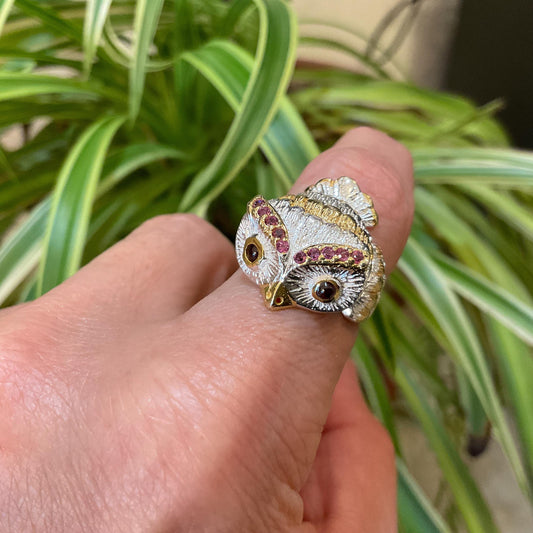 sterling silver statement handmade Owl ring red rhodolite  ring 7 or 7.5