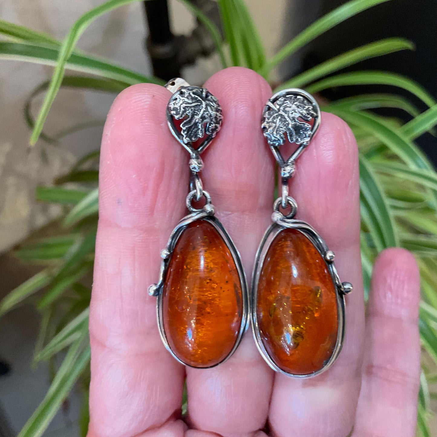 Sterling Silver vintage Amber statement dangle leaf earrings