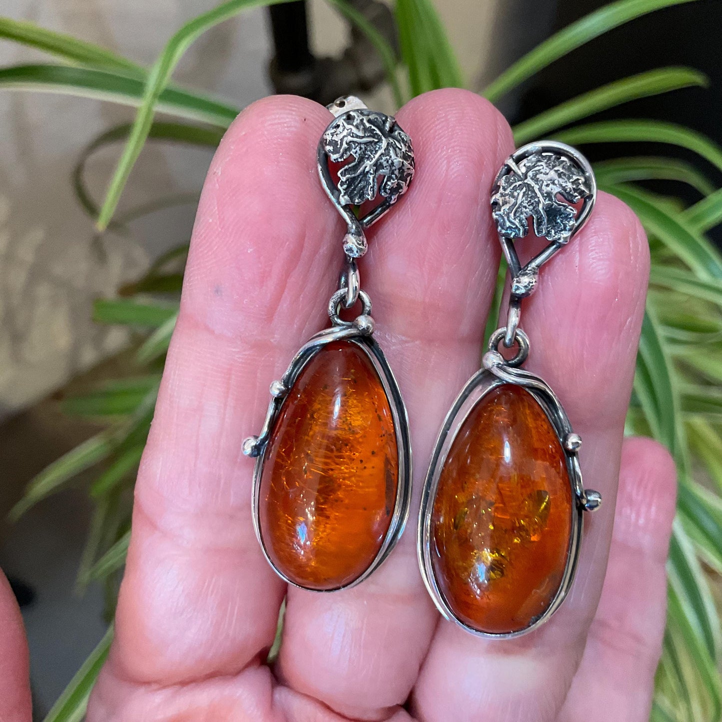 Sterling Silver vintage Amber statement dangle leaf earrings