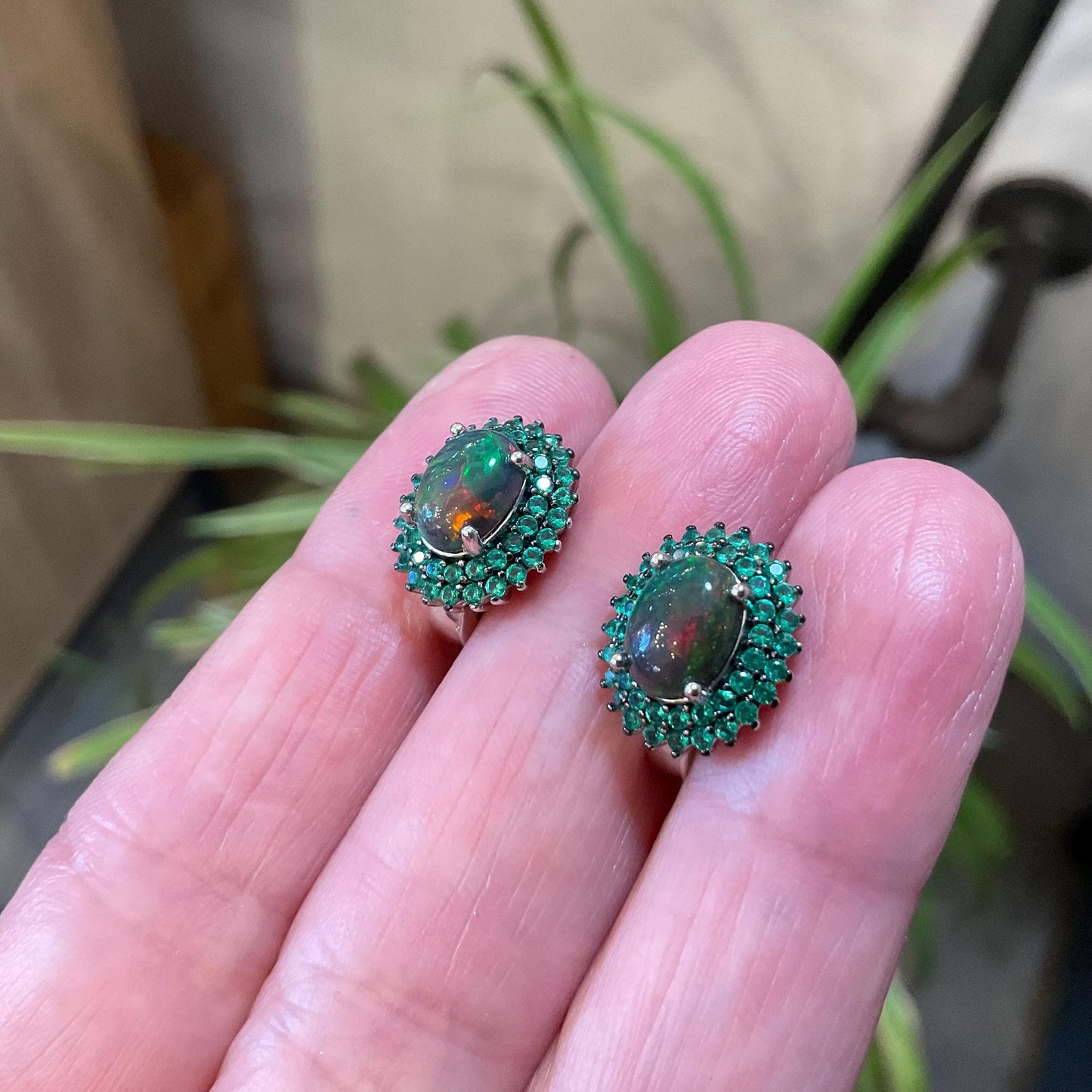 sterling silver Black natural opal post earrings