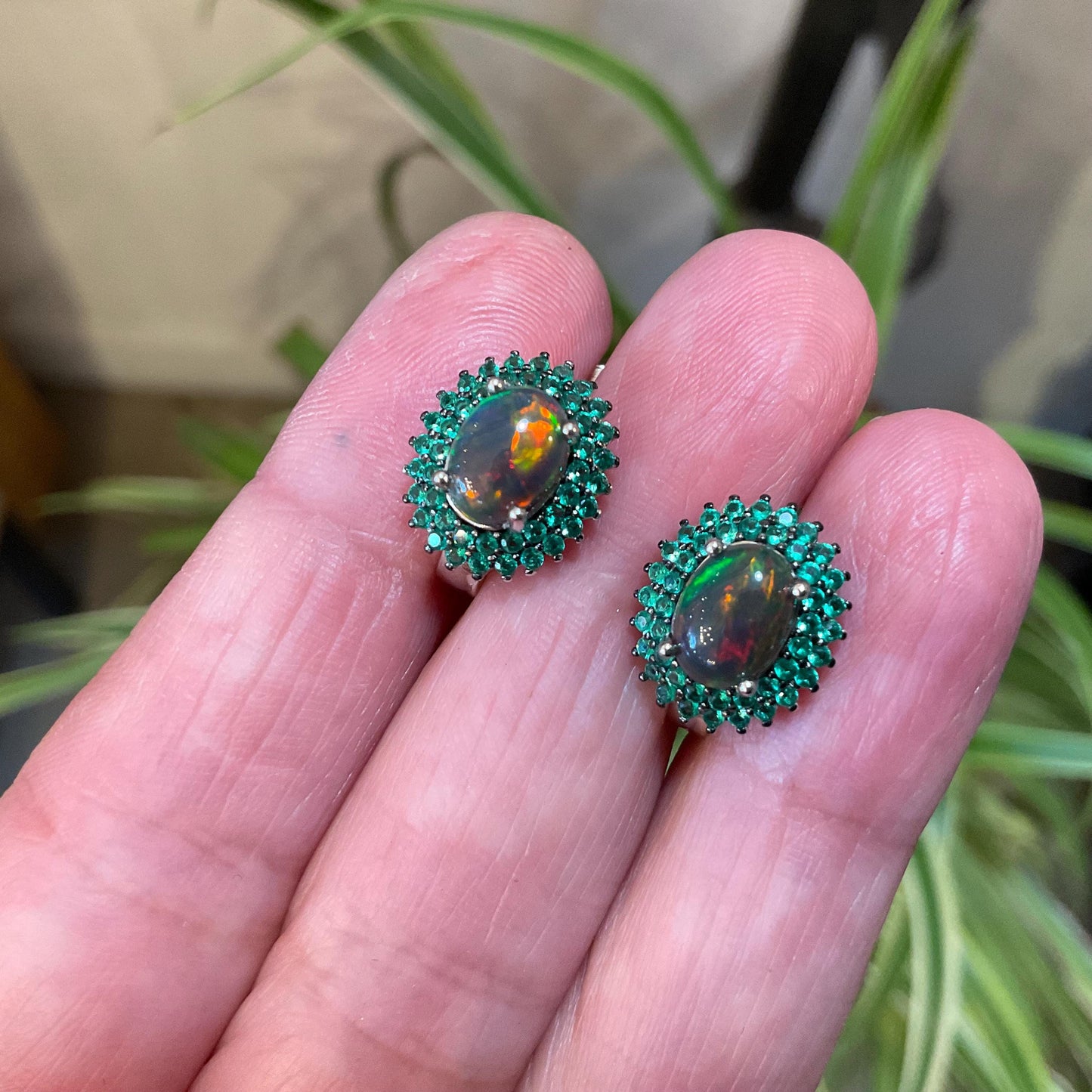 sterling silver Black natural opal post earrings