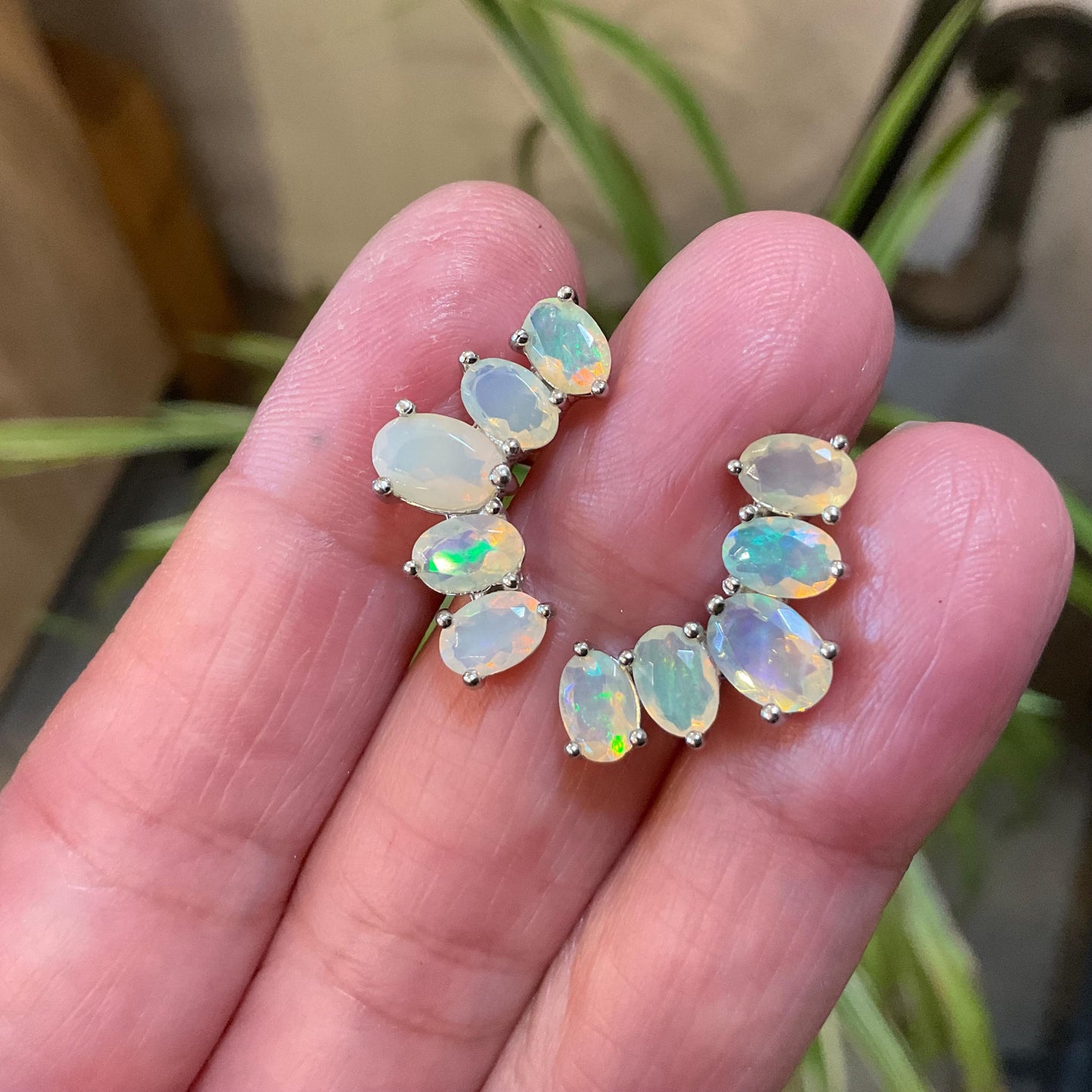 Sterling Silver Natural rainbow Opal post casual Earrings