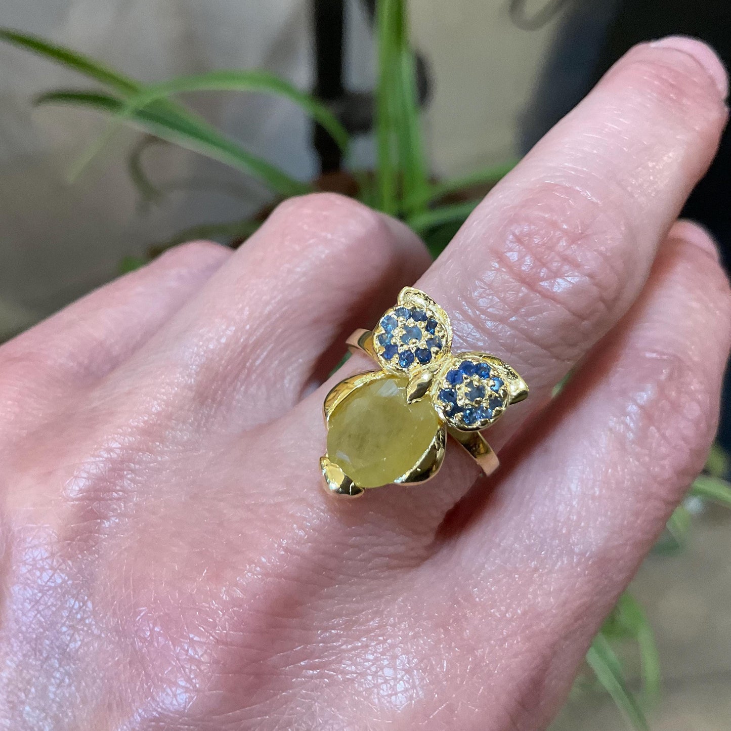 sterling silver statement handmade Owl sapphire yellow ring 7.5