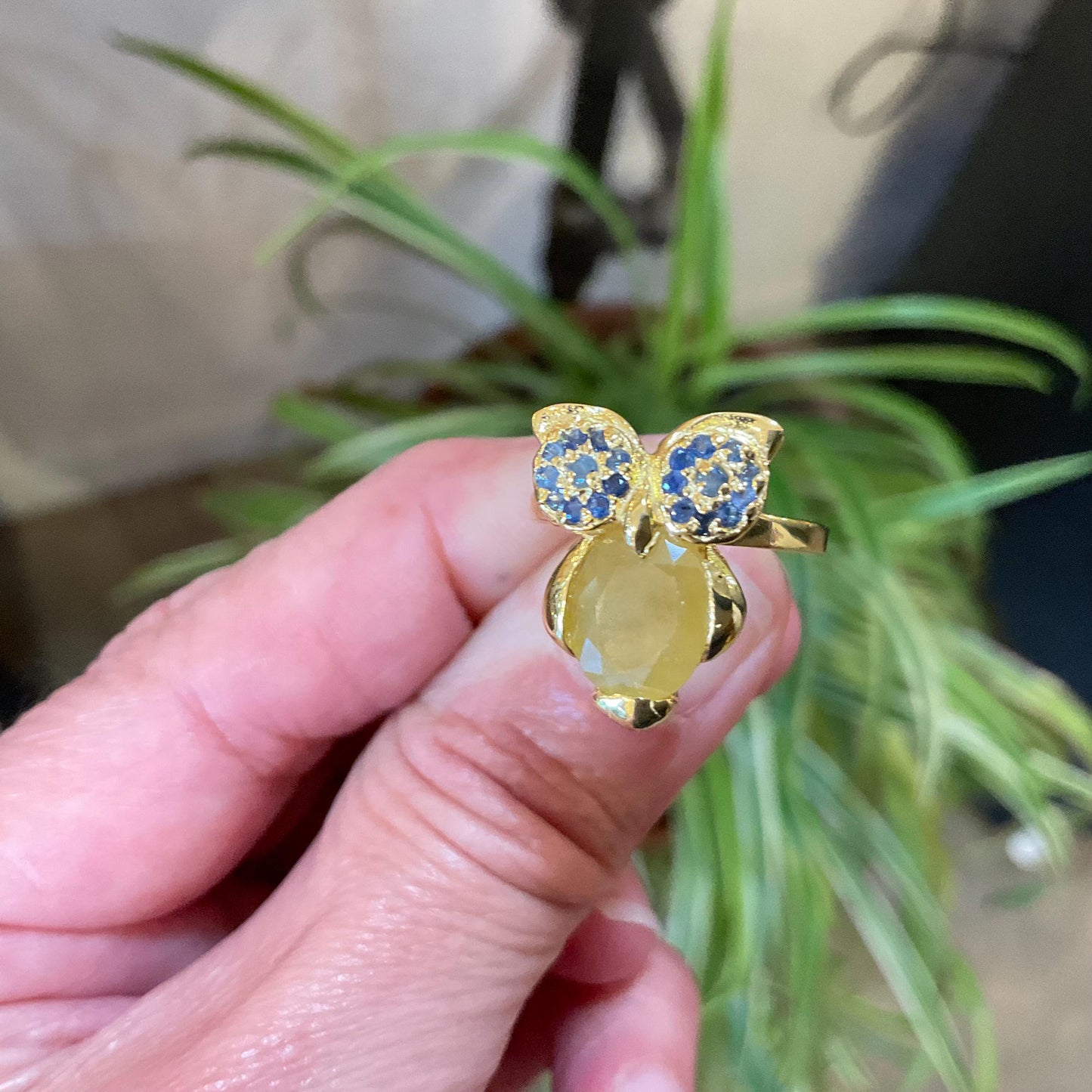 sterling silver statement handmade Owl sapphire yellow ring 7.5