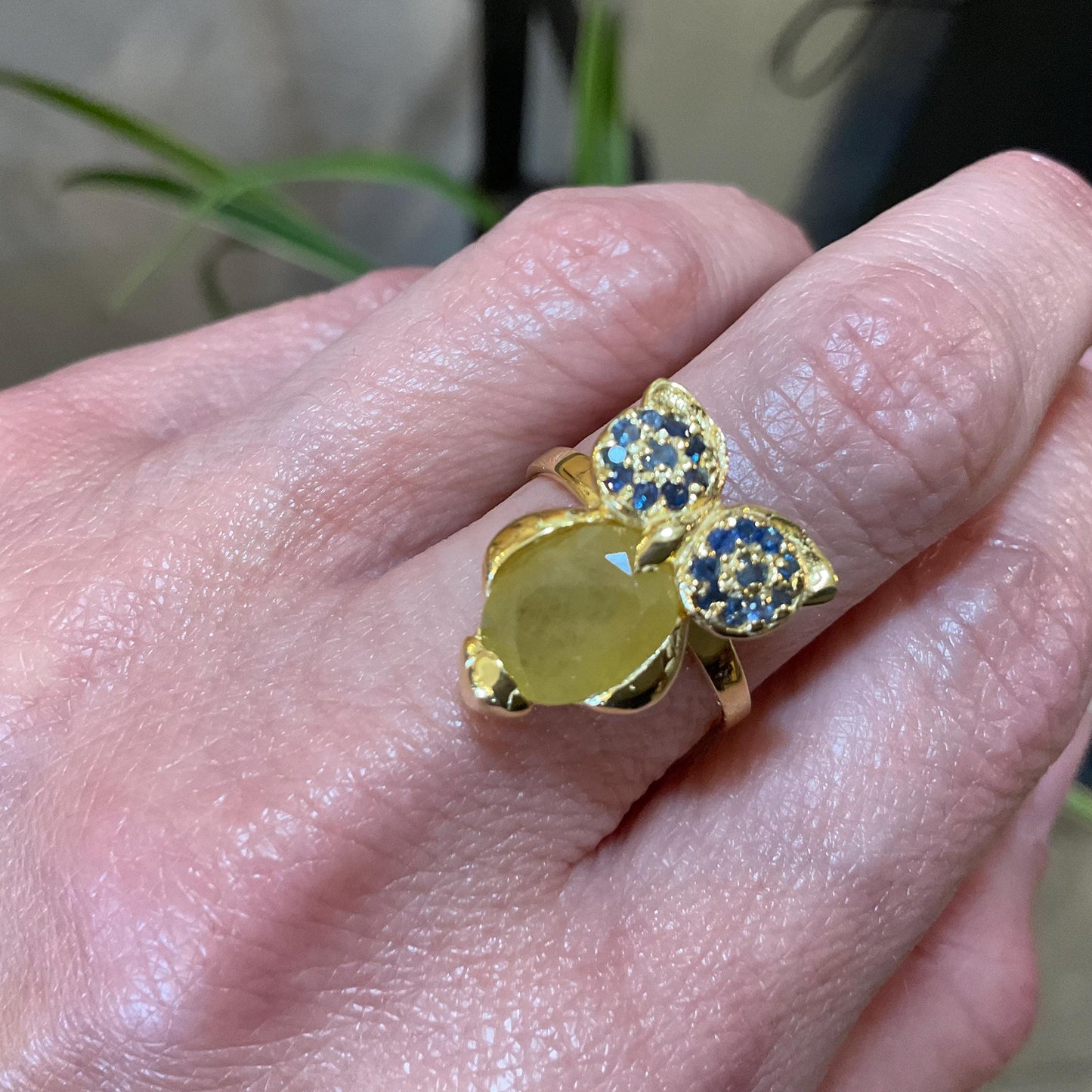 sterling silver statement handmade Owl sapphire yellow ring 7.5