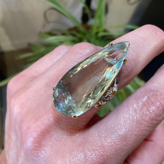 Sterling Silver large green amethyst pear shape sapphire ring