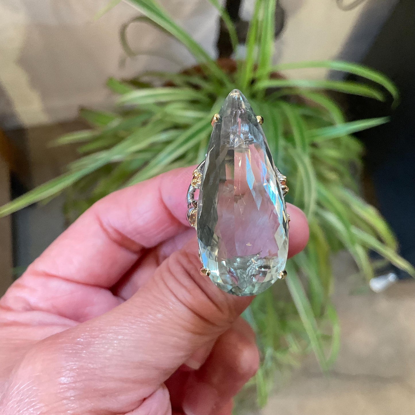 Sterling Silver large green amethyst pear shape sapphire ring