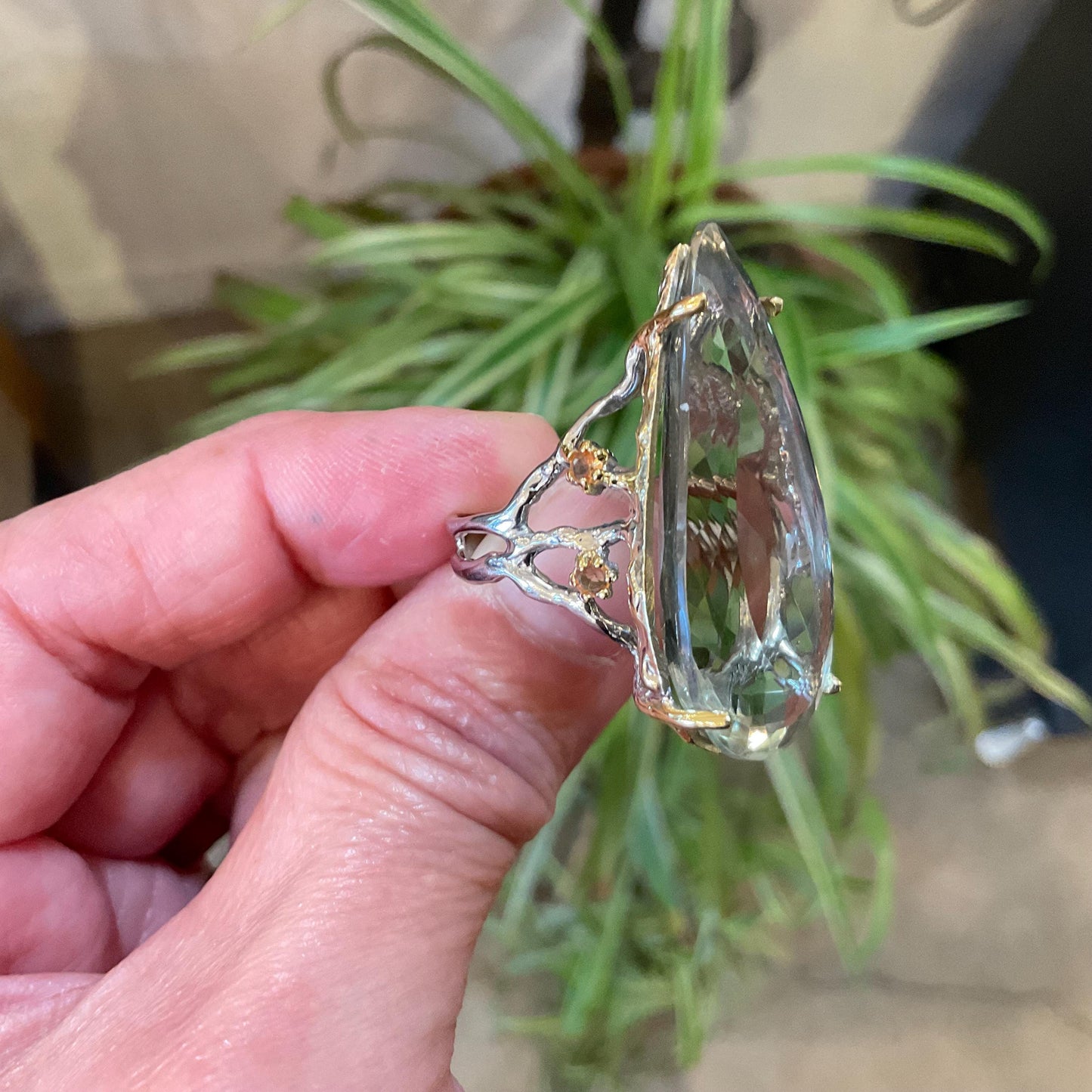 Sterling Silver large green amethyst pear shape sapphire ring