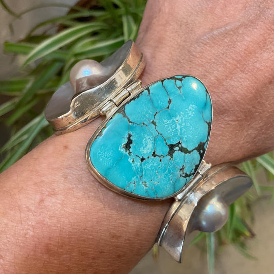 sterling silver vintage turquoise  blister pearl statement bracelet