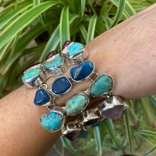 sterling silver vintage turquoise multi color gemstone statement bracelet