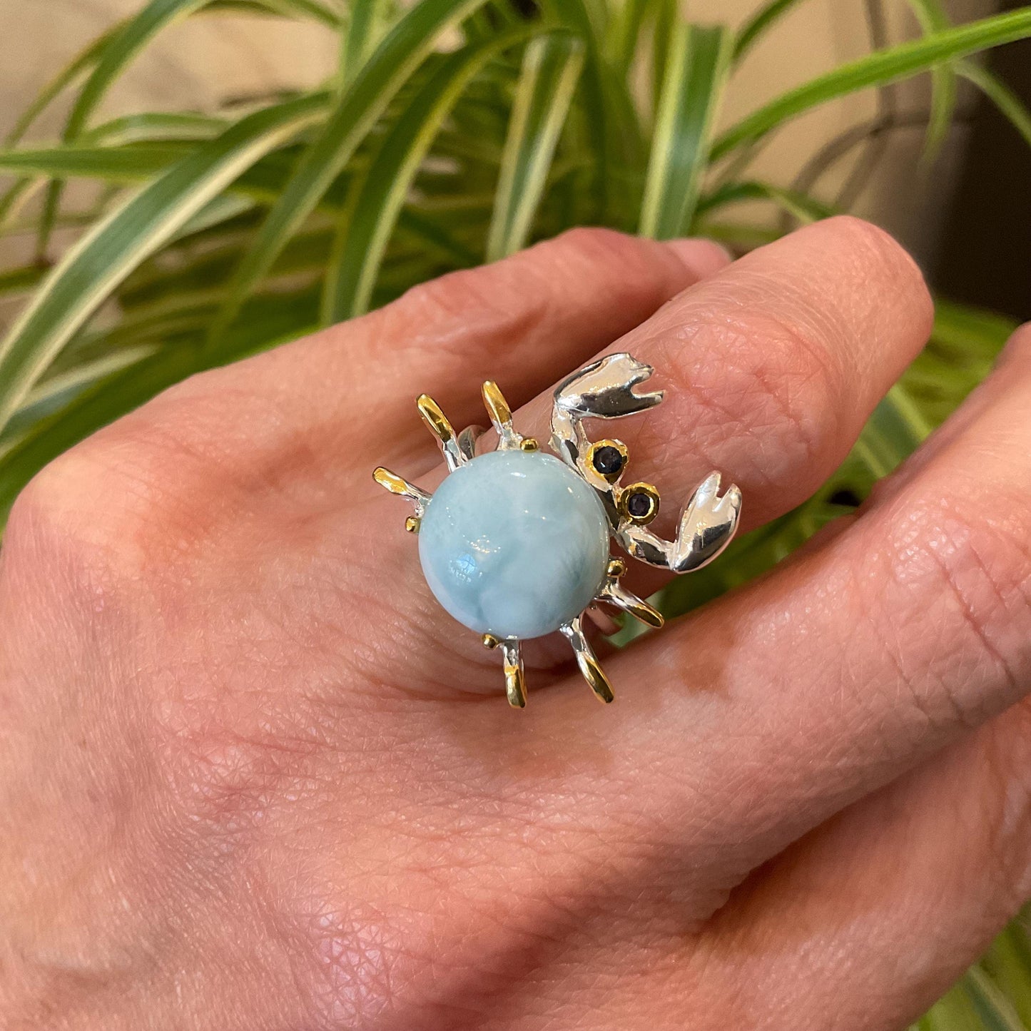 Sterling Silver Handmade Natural Larimar crab ring 5
