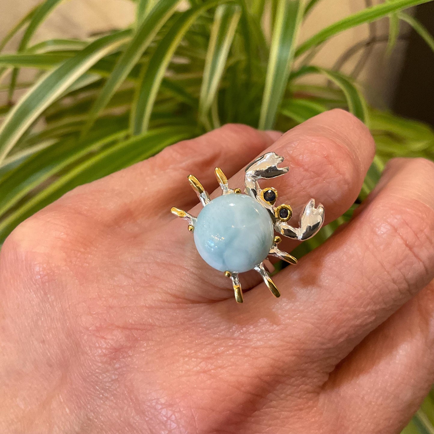 Sterling Silver Handmade Natural Larimar crab ring 5