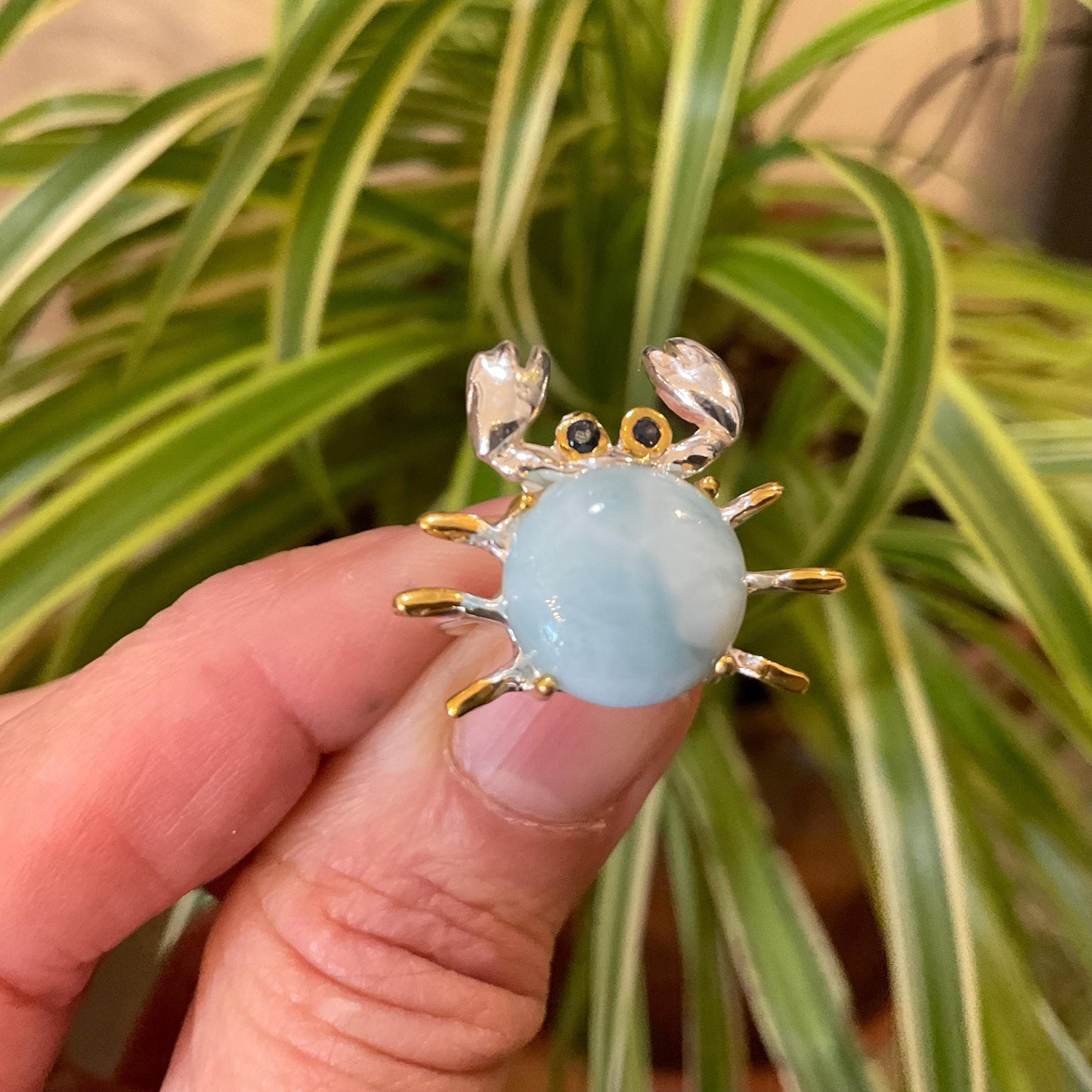 Sterling Silver Handmade Natural Larimar crab ring 5