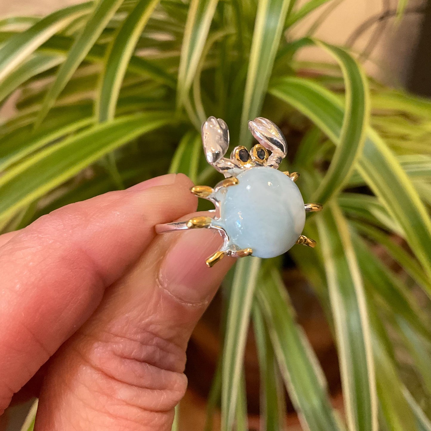 Sterling Silver Handmade Natural Larimar crab ring 5