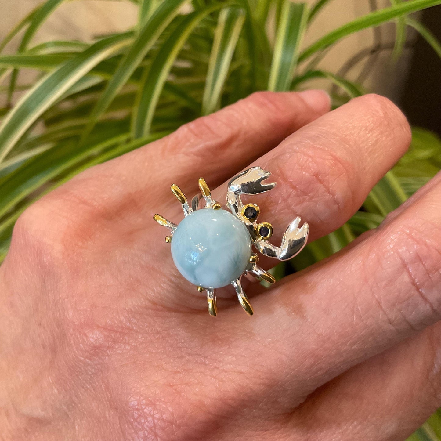 Sterling Silver Handmade Natural Larimar crab ring 5