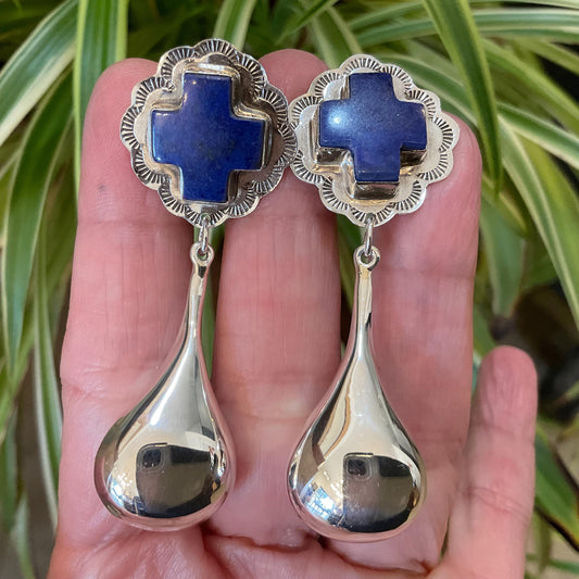 sterling silver dangle  lapis lazuli cross water drops Earrings