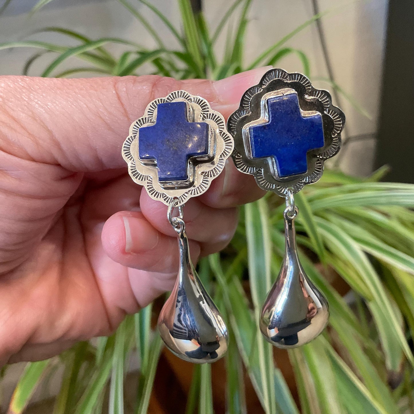 sterling silver dangle  lapis lazuli cross water drops Earrings