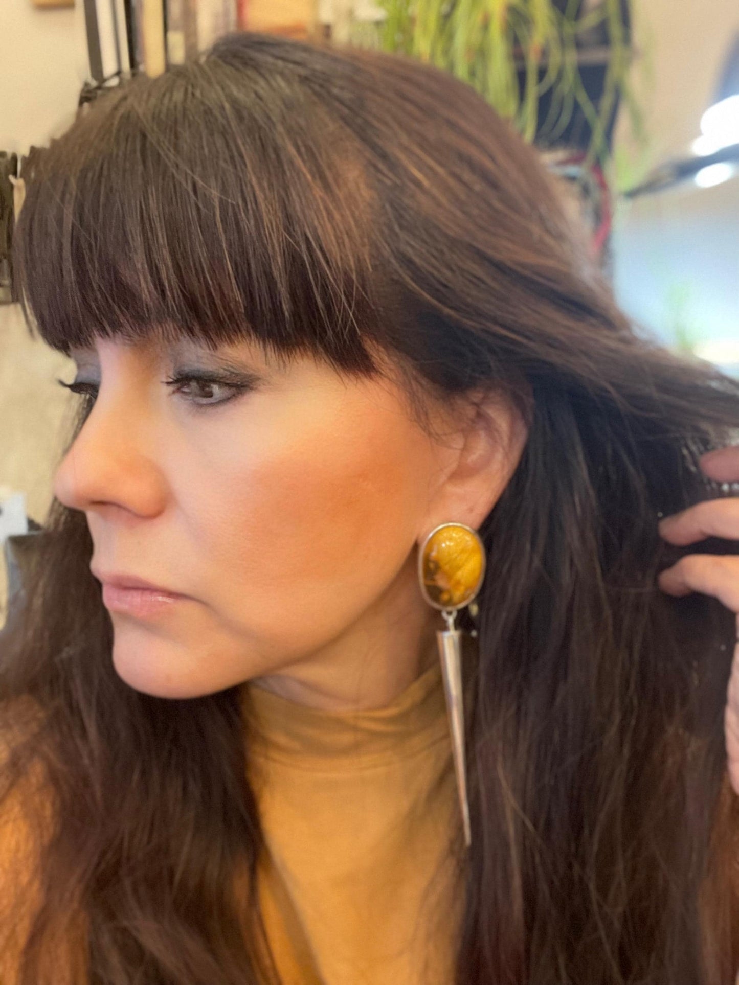 Sterling Silver butterscotch egg yolk amber  dangle spike earrings 4.5”