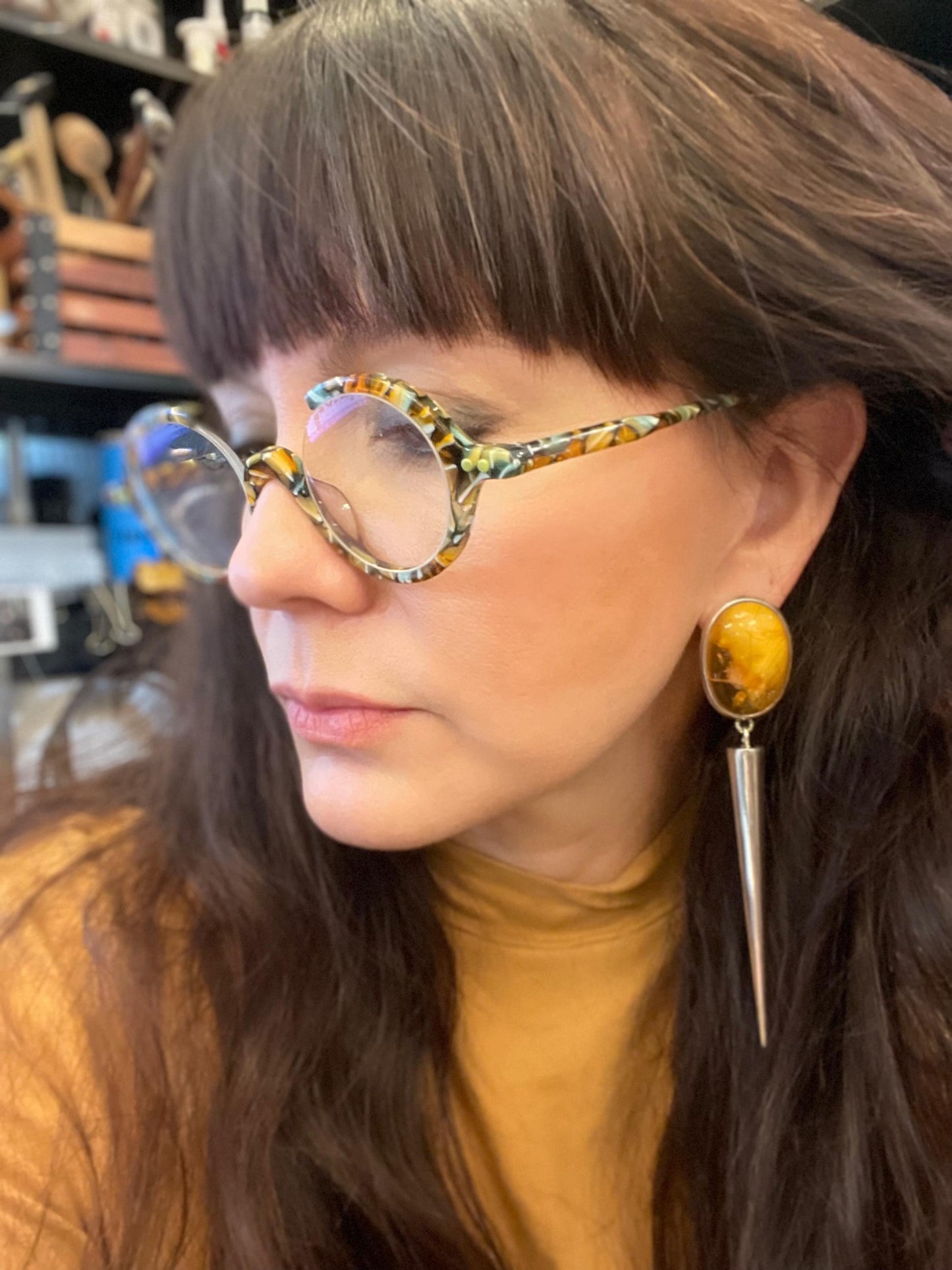 Sterling Silver butterscotch egg yolk amber  dangle spike earrings 4.5”