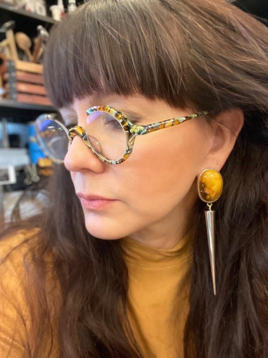 Sterling Silver butterscotch egg yolk amber  dangle spike earrings 4.5”