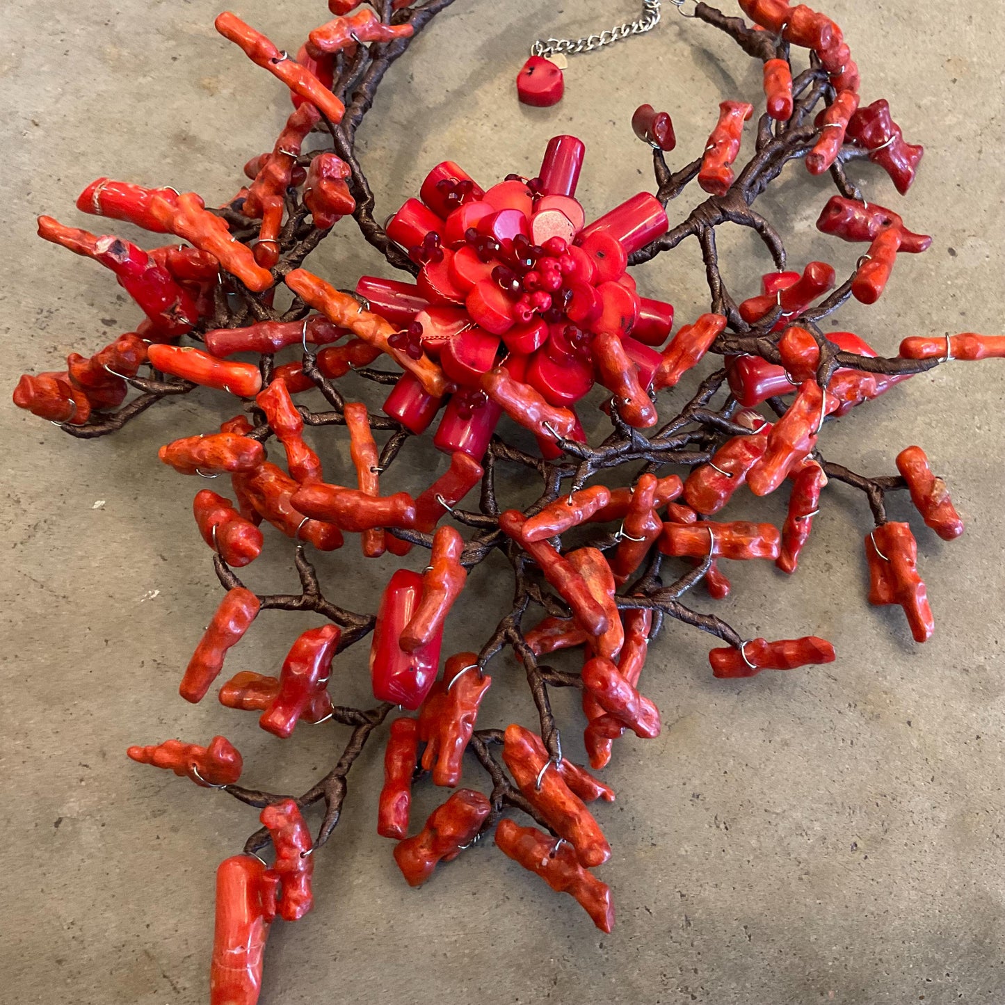 Sterling Silver Natural art red coral mix runway Statement Necklace