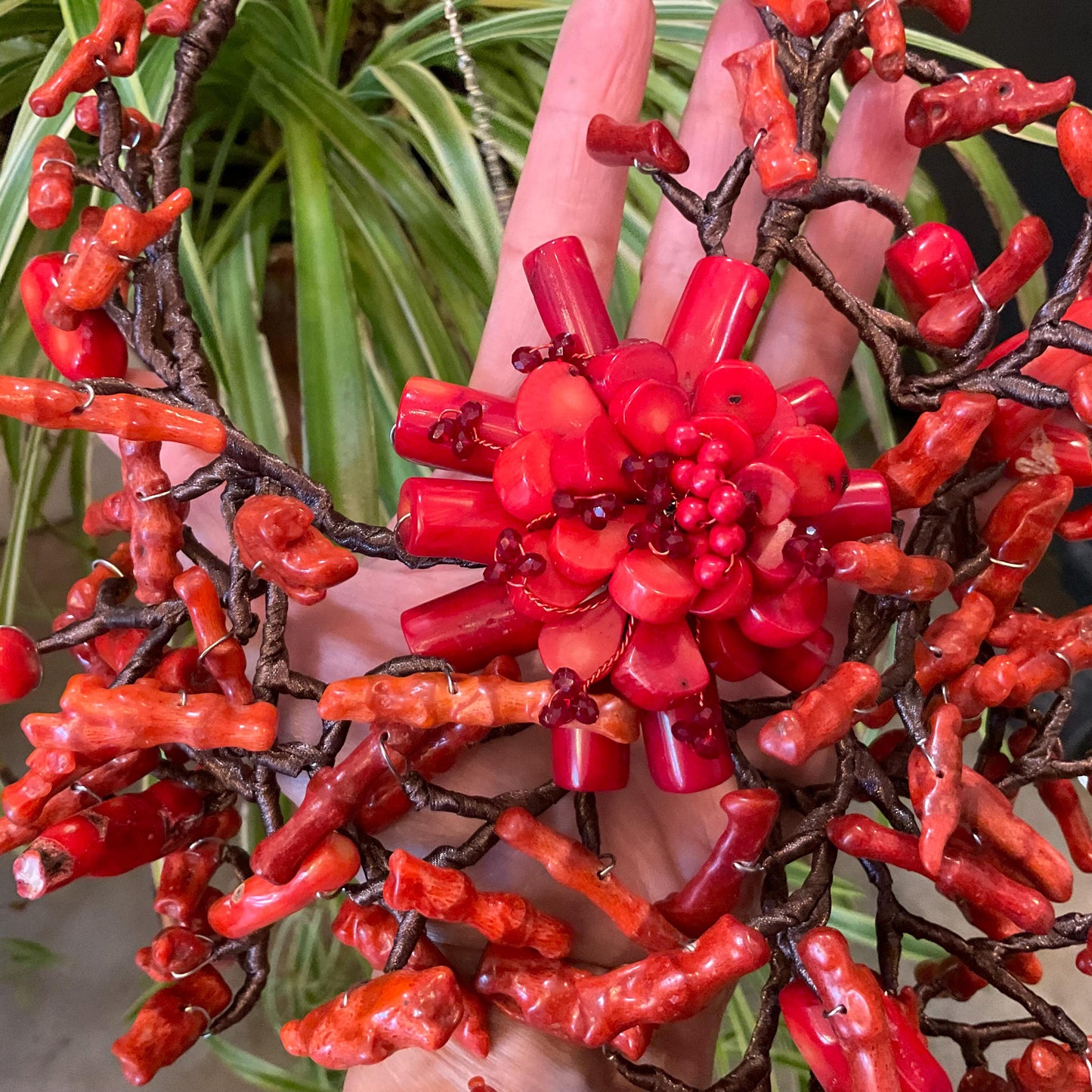 Sterling Silver Natural art red coral mix runway Statement Necklace