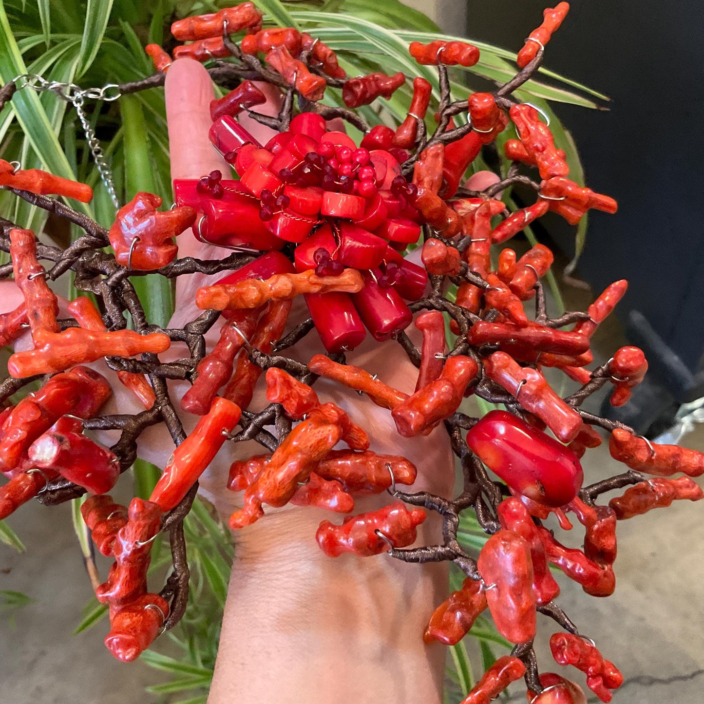 Sterling Silver Natural art red coral mix runway Statement Necklace